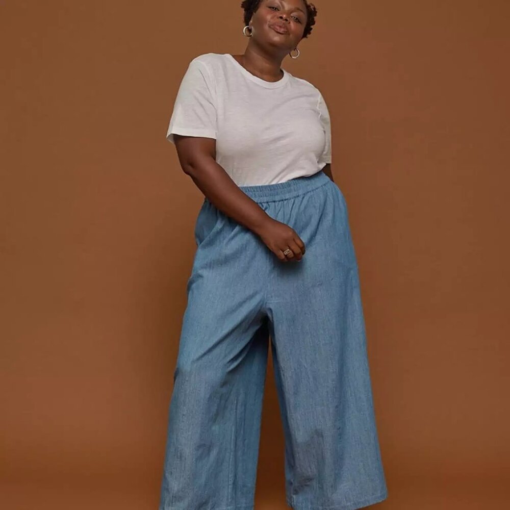 Tradlands Womens Size XL Wide Leg Elastic Waist Denim Pants Blue Pull On Pockets
